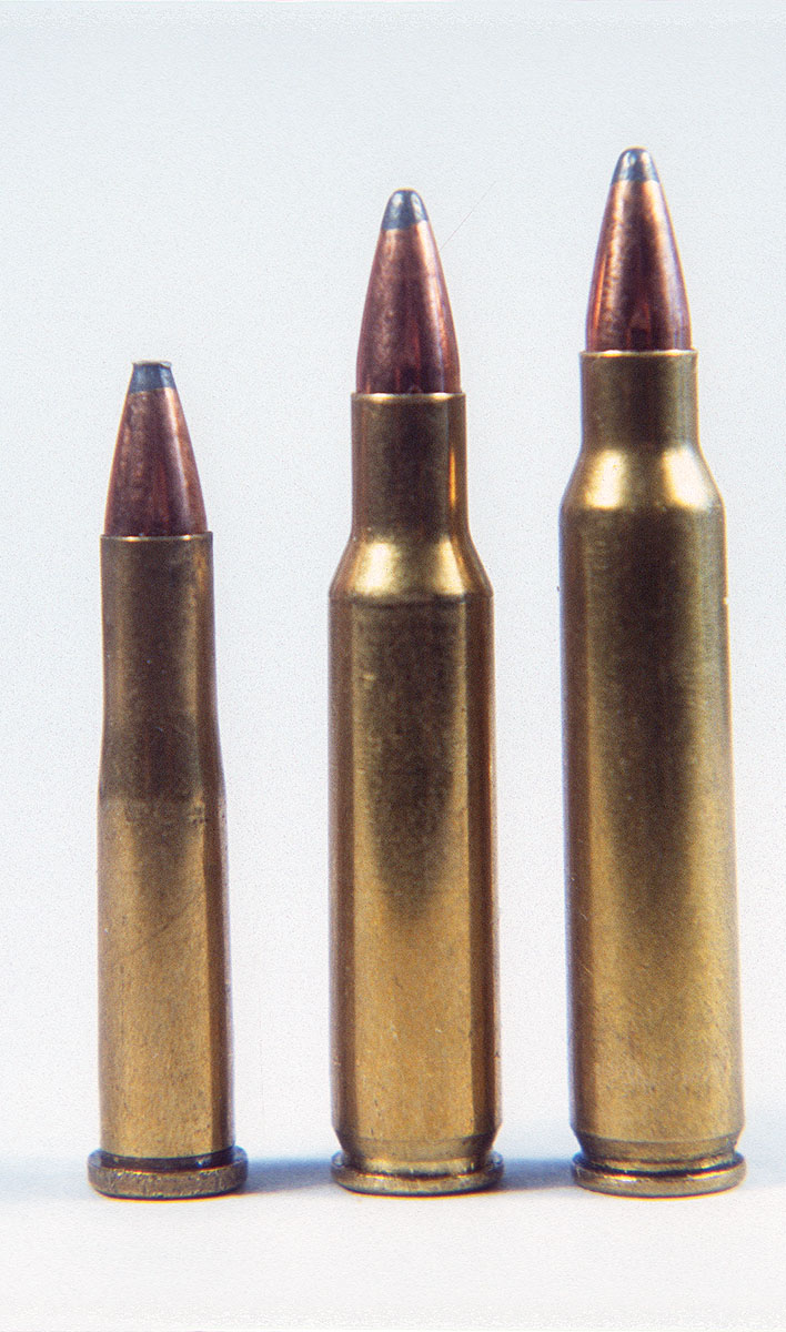 The 222 Remington fits naturally between the earlier 22 Hornet (left) and the newer 223 Remington (right).